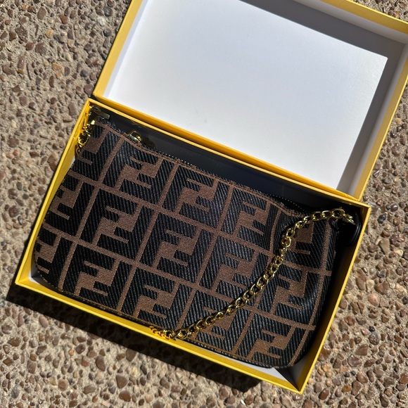 Fendi Black and Brown Logo Clutch with Gold Chain - Picture 1 of 8